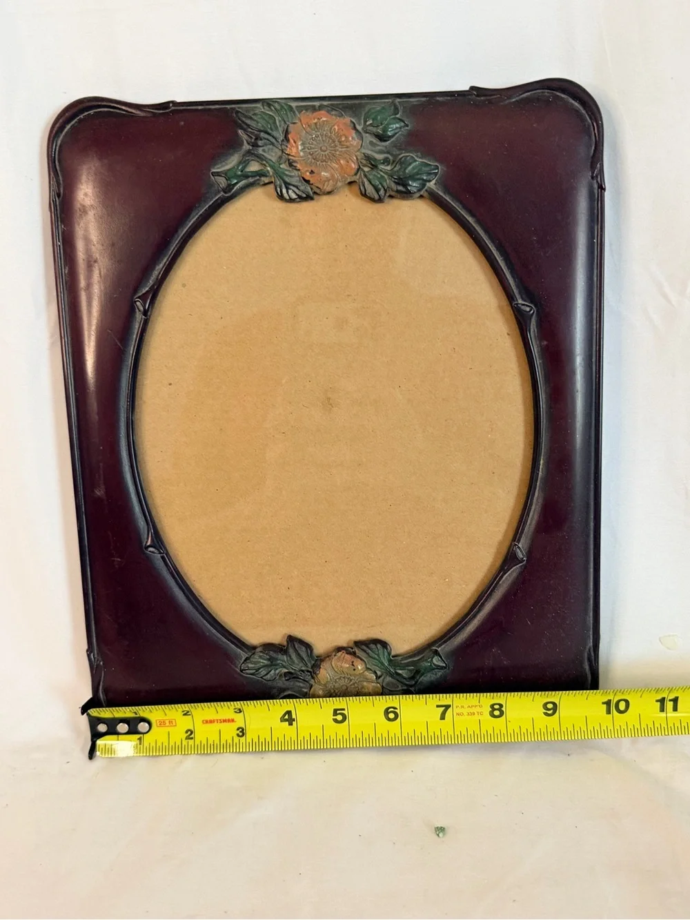 VTG Victorian Style Oval Picture Frame Burgundy Faux Wood Carved Floral Accents